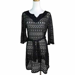 Black Merona Swim Suit Cover Up Dress Size Small Sleeves Crochet Belted